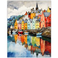 Artery8 Wall Art Print Isle of Mull Calm Tobermory Bay Colourful Houses Poster Picture | Size: W18" x H24"