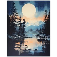 Artery8 Wall Art Print Magical Forest Lake Sunrise in Blue & Orange Poster Picture | Size: W18" x H24"