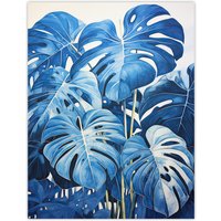Artery8 Wall Art Print Monstera Plant Leaves in Blue Watercolour Painting Poster Picture | Size: W18" x H24"