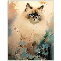 Artery8 Wall Art Print Ragdoll Cat Pastel Colour Animal Portrait Poster Picture in Beige | Size: W18" x H24"