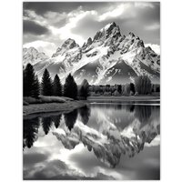 Artery8 Wall Art Print Grand Teton Reflected in Snake River Black & White Poster in Grey | Size: W18" x H24"