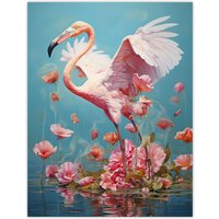 Artery8 Wall Art Print Jubilant Flamingo Lake Dance over Pink Flowers Poster Picture | Size: W24" x H32"
