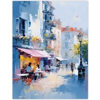 Artery8 Wall Art Print Cafe Street in Paris Abstract Oil Painting Elegant Artwork Poster in Blue | Size: W24" x H32"