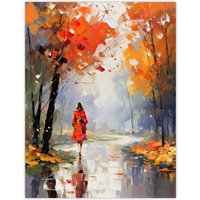 Artery8 Wall Art Print Autumn Walk Oil Painting Woman Walking Through Park Poster in Orange | Size: W24" x H32"