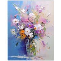 Artery8 Wall Art Print Wildflower Bouquet in Glass Vase Oil Painting Pastel Poster in Blue | Size: W24" x H32"