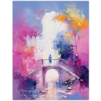 Artery8 Wall Art Print Bridge of Dreams Abstract Oil Painting Pink Blue Orange Poster | Size: W24" x H32"