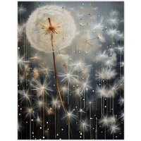 Artery8 Wall Art Print Dandelion Seeds Luminescent Rain Ethereal Painting Poster Picture in Grey | Size: W24" x H32"