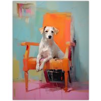 Artery8 Wall Art Print Content Dog Portrait Resting on Orange Armchair Poster Picture | Size: W24" x H32"