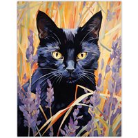 Artery8 Wall Art Print Black Cat in Lavender Meadow Floral Animal Portrait Poster | Size: W24" x H32"