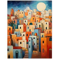 Artery8 Wall Art Print Abstract Morocco Cityscape in Orange & Blue Poster Picture | Size: W24" x H32"