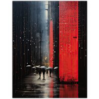 Artery8 Wall Art Print Night Street Rain Abstract Painting Red & Grey Poster Picture | Size: W24" x H32"