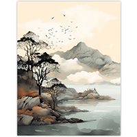 Artery8 Wall Art Print Autumn Coastal Landscape in Scottish Highlands Poster Picture in Grey | Size: W24" x H32"