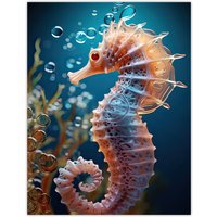 Artery8 Wall Art Print Pink Seahorse Photorealistic Conceptual Painting Poster Picture in Blue | Size: W24" x H32"