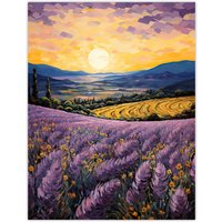 Artery8 Wall Art Print Serene Lavender Fields at Sunrise Scenic Landscape Poster Picture in Purple | Size: W24" x H32"