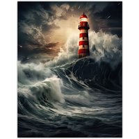 Artery8 Wall Art Print Lighthouse Against a Stormy Sea Dramatic Seascape Poster Picture | Size: W24" x H32"