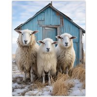 Artery8 Wall Art Print Winter Sheep & Faming Hut Whimsical Photograph Poster Picture | Size: W24" x H32"