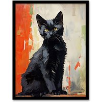Artery8 Wall Art Print Black Cat Orange Beige Green Chat Noir Stray Kitten Framed | Size: A4