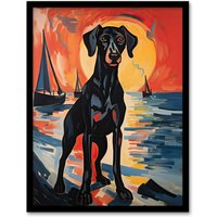 Artery8 Wall Art Print Black Doberman Dog Artwork Coastal Sunset Seascape Framed | Size: A4