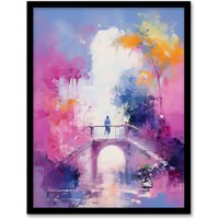 Artery8 Wall Art Print Bridge of Dreams Abstract Oil Painting Pink Blue Orange Framed Art | Size: A4
