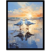 Artery8 Wall Art Print Seagull Bird Couple Beach Sunset Painting Coastal Landscape Framed Art in Blue | Size: A4
