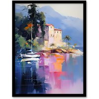 Artery8 Wall Art Print Sail Boat on Lake Como Painting Scenic Italian Landscape Framed Art in Blue | Size: A4