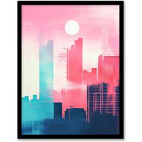 Artery8 Wall Art Print Abstract Geometric Metropolis Cityscape Pink Turquoise Framed Art | Size: A4