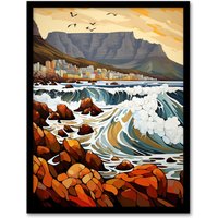 Artery8 Wall Art Print Cape Town Cityscape under Table Mountain Stylised Painting Framed Art | Size: A4
