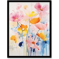 Artery8 Wall Art Print Delicate Wildflowers Pastel Watercolour Flowers Framed | Size: A4