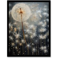 Artery8 Wall Art Print Dandelion Seeds Luminescent Rain Ethereal Painting Framed in Grey | Size: A4