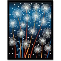 Artery8 Wall Art Print Dandelion Seeds Fireworks Folk Art Painting Blue Framed | Size: A4