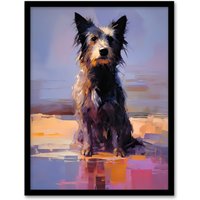 Artery8 Wall Art Print Border Collie at the Beach Oil Painting Portrait Framed in Blue | Size: A4