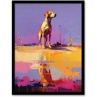 Artery8 Wall Art Print Beach Reflections Dog Portrait Purple Orange Pink Framed | Size: A4