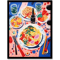 Artery8 Wall Art Print Spaghetti Pasta Night Henri Matisse Style Painting Framed | Size: A4