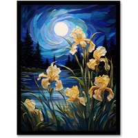 Artery8 Wall Art Print Enchanting Iris Flowers Blooming Fantasy Full Moon Framed in Blue | Size: A4