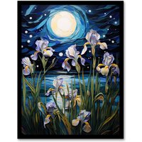 Artery8 Wall Art Print Ethereal Iris Flower Blooms Fantasy Lake Full Moon Framed in Blue | Size: A4