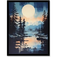 Artery8 Wall Art Print Magical Forest Lake Sunrise in Blue & Orange Framed | Size: A4