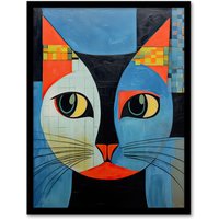Artery8 Wall Art Print Pawsitive Vibes Only Blue Orange Abstract Cat Framed Art Picture | Size: A4