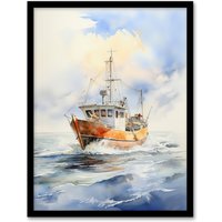 Artery8 Wall Art Print Fishing Boat at Sea Detailed Watercolour Seascape Framed in Blue | Size: A4