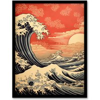 Artery8 Wall Art Print Red Sunset Great Wave Dramatic Stormy Seascape Framed | Size: A4