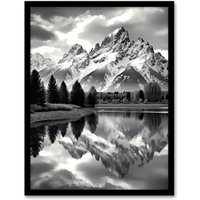 Artery8 Wall Art Print Grand Teton Reflected in Snake River Black & White Framed in Grey | Size: A4