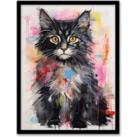 Artery8 Wall Art Print Cute Kitten Colourful Bright Baby Cat Kids Bedroom Framed | Size: W12" x H16"