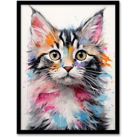 Artery8 Wall Art Print Cute Kitten Bright Painting Orange Pink Blue Baby Cat Framed Art | Size: W12" x H16"