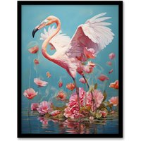 Artery8 Wall Art Print Jubilant Flamingo Lake Dance over Pink Flowers Framed | Size: W12" x H16"
