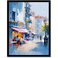 Artery8 Wall Art Print Cafe Street in Paris Abstract Oil Painting Elegant Artwork Framed Art in Blue | Size: W12" x H16"