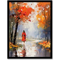 Artery8 Wall Art Print Autumn Walk Oil Painting Woman Walking Through Park Framed in Orange | Size: W12" x H16"