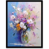 Artery8 Wall Art Print Wildflower Bouquet in Glass Vase Oil Painting Pastel Framed in Blue | Size: W12" x H16"