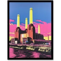 Artery8 Wall Art Print Battersea Power Station Pop Art Vibrant Pink Yellow Blue Framed Art | Size: W12" x H16"