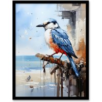 Artery8 Wall Art Print Bird by the Beach Kingfisher Portrait Oil Painting Framed in Blue | Size: W12" x H16"