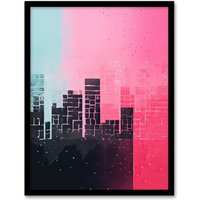Artery8 Wall Art Print Abstract Geometric Cityscape Painting Blue Pink Pastel Framed Art | Size: W12" x H16"