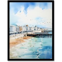 Artery8 Wall Art Print Brighton Beach Watercolour Busy Promenade Coastal Framed in Blue | Size: W12" x H16"